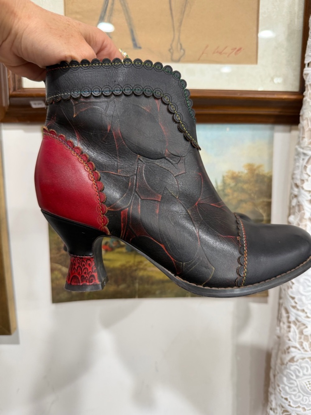 Women's Black & Red Leather Ankle Heeled Boots